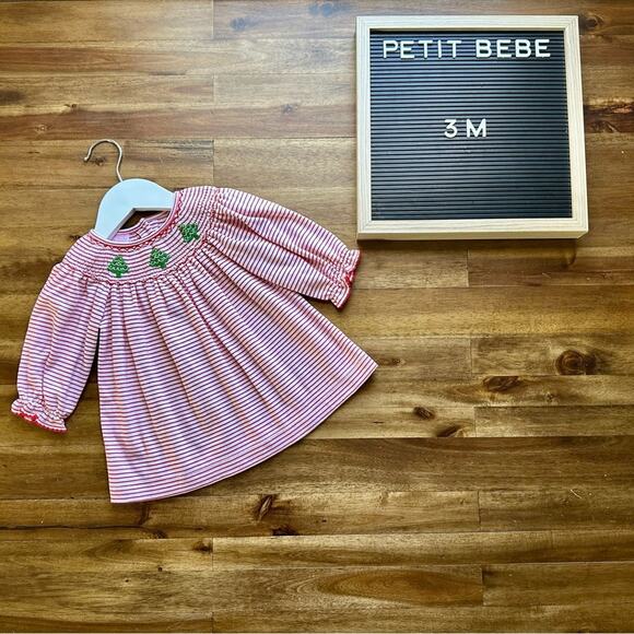Petit Bebe Red White Stripe Smocked Holiday Trees Knit Bishop Dress Baby 3M - Picture 1 of 8